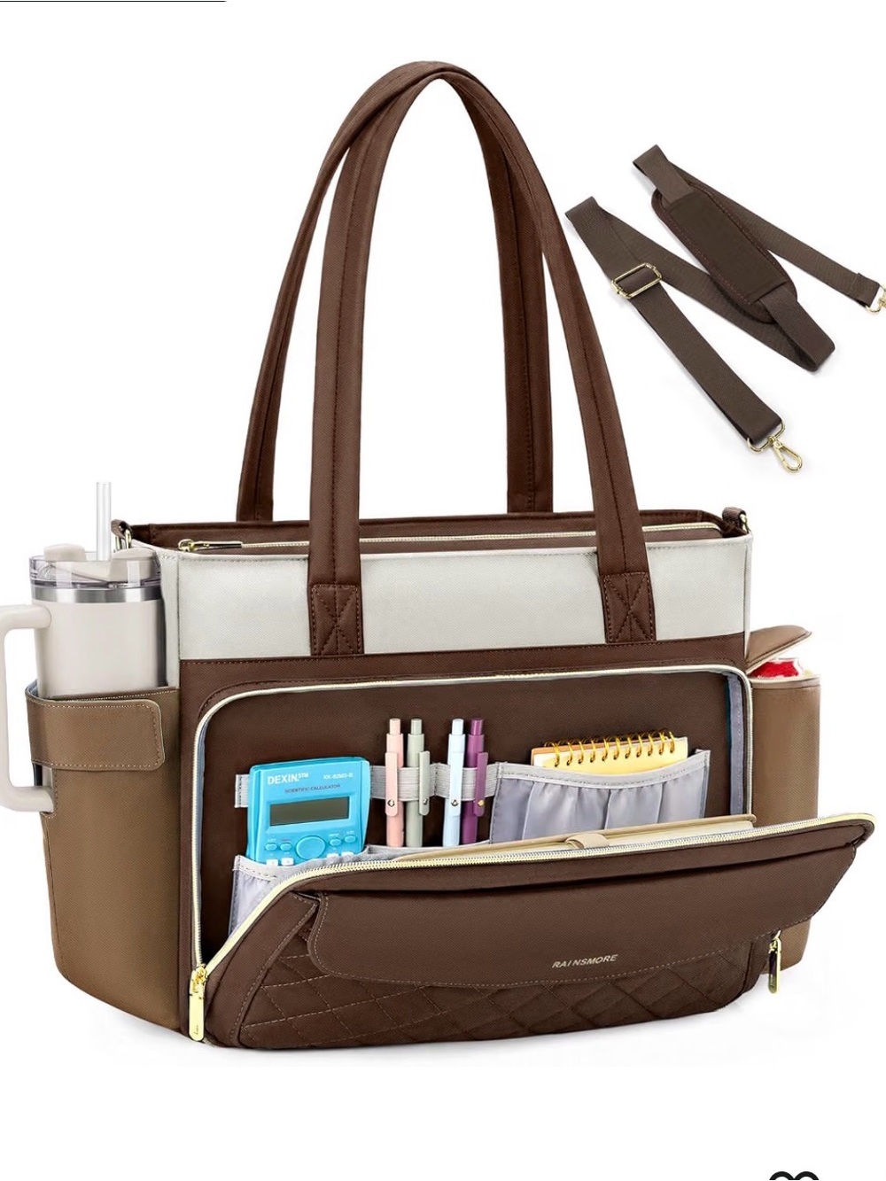 Brown & Cream Multi-Pocket Tote Bag